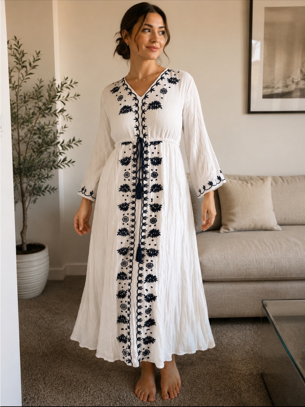 Bohemian Embroidered White Maxi Dress with Navy Detailing